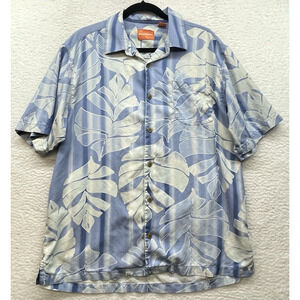 Tommy Bahama Shirt Mens Large Blue White Silk Button Down Palm Leaf Hawaiian